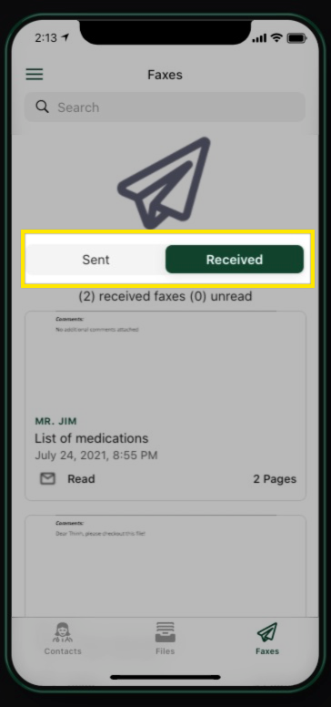 Fax My Doc Screenshot App - Glide - Switch between sent and received faxes